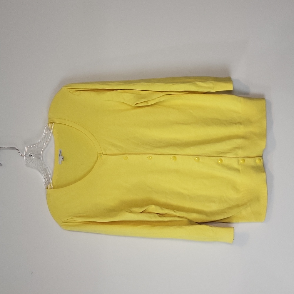 HALOGEN Bright Yellow Rayon Nylon Prism Button 3/4 Sleeve Scoop Neck Cardigan